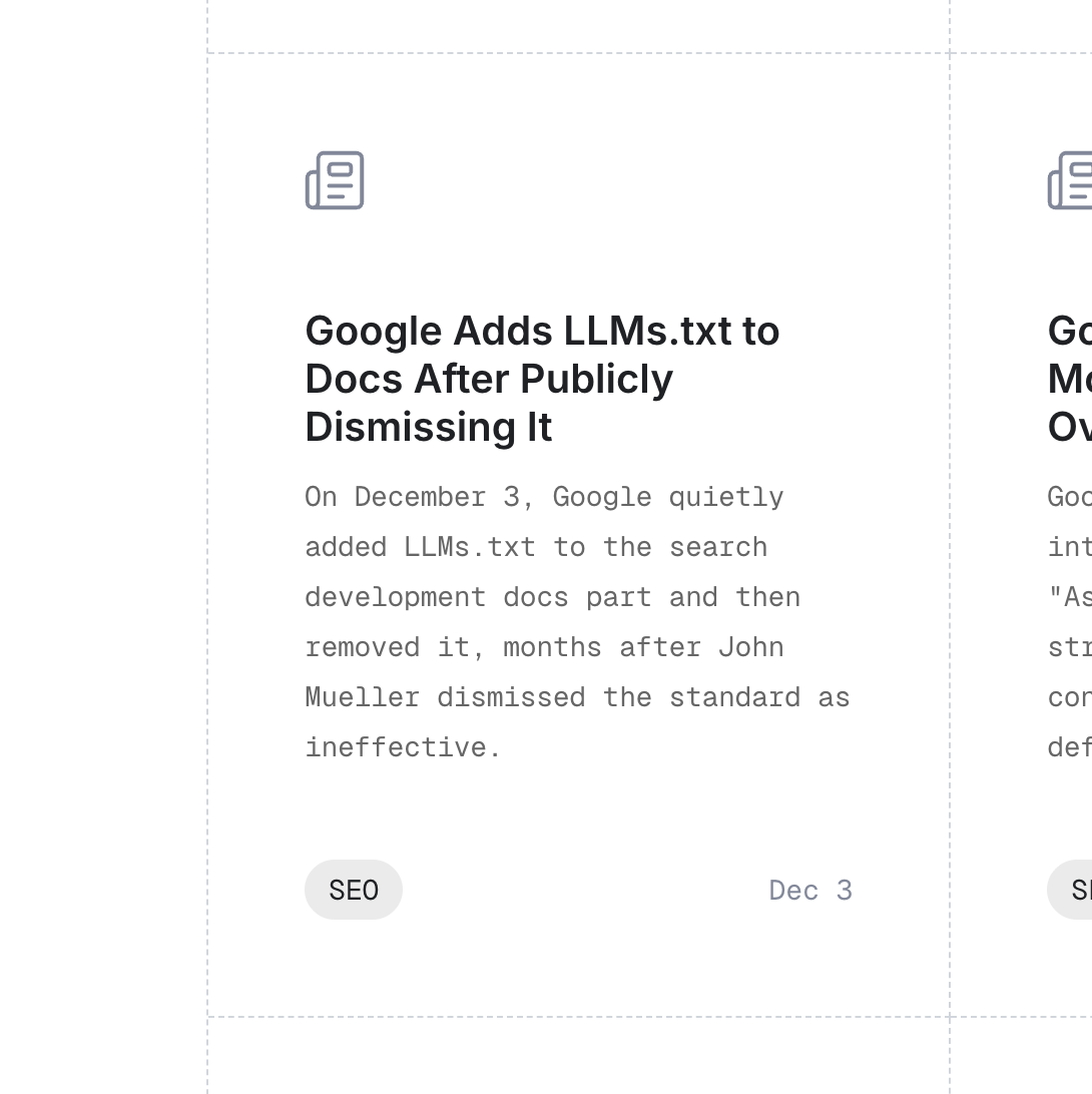 Wayback Machine capture of the Omnius article listing showing "Google Adds LLMs.txt to Docs After Publicly Dismissing It," dated Dec 3, with a summary describing Google quietly adding and then removing an llms.txt file from Search Central documentation. The article itself was never indexed.